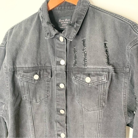 Love Tree Denim Black Oversized Distressed Jean Jacket Small - Picture 2 of 13